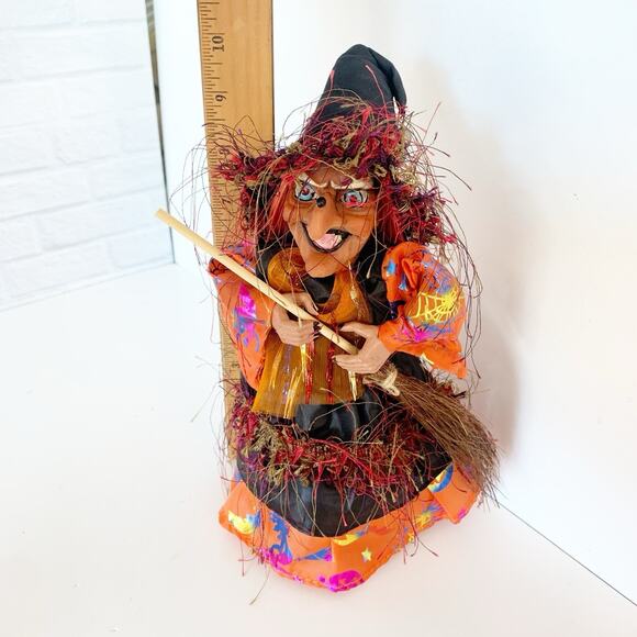 Animated Halloween Witch Decor Laugh Cackle Spin Light Up Sound Broom Hat Orange - Picture 8 of 8